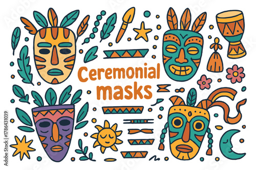 Colorful Ceremonial Masks Doodle. Ceremonial masks. Hand-drawn doodle illustration of ceremonial masks. Mask,