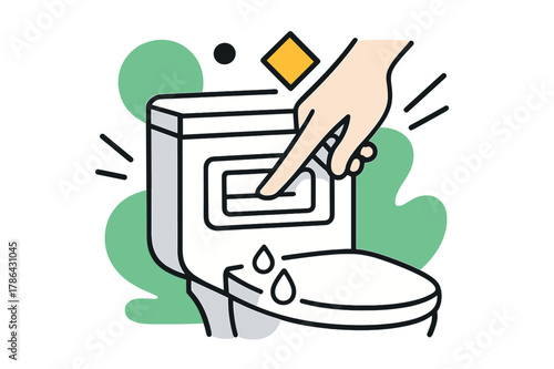 Modern Flush Aesthetic. Toilet Flush Button. Hand pressing a sleek toilet flush button with floating abstract geometric shapes, modern and hygienic bathroom