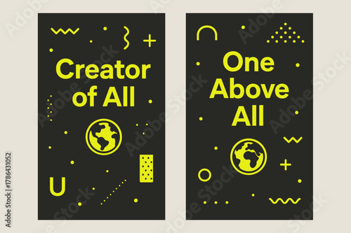 Creative Memphis Banners. Creator of All. Two vertical A6 banners with safe margins, centered composition, no elements touching edges, memphis, charcoal and