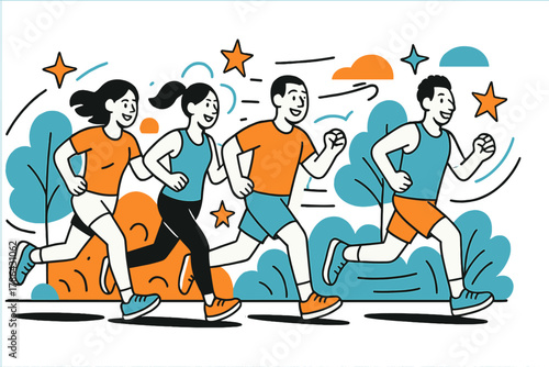 Energetic Park Run. Group fitness. A team of runners jogging in sync along a scenic park path, floating stars