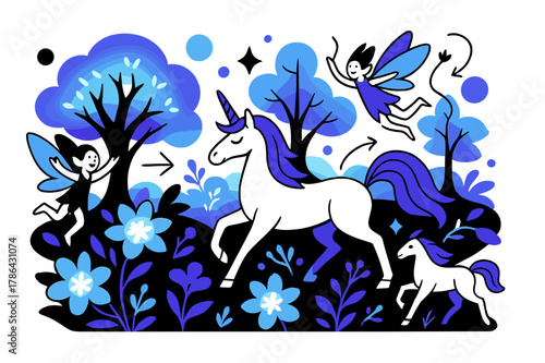 Enchanted Glade Creatures. Enchanted glade. Glowing magical creatures such as unicorns and sprites wandering