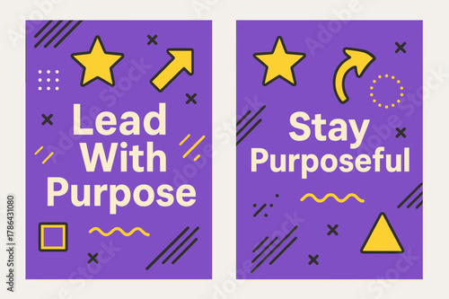 Purposeful Banner Designs. Lead with purpose. Two vertical A6 banners with safe margins, centered composition, no elements touching edges, memphis, purple and