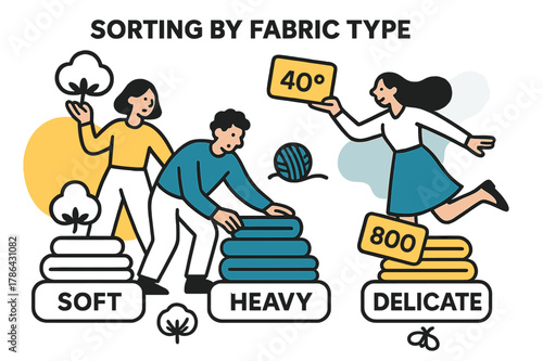 Fabric Sorting Icons. Sorting by Fabric Type. Cotton, wool, and silk icons hover beside piles labeled ?Soft / Heavy / Delicate.? Floating tags represent