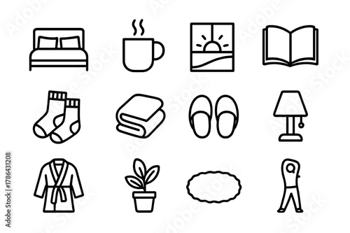 Morning Comfort Icons. Morning Comfort. Line icon set of Morning Comfort: bed with pillows, steaming mug, sunrise window, open book, warm socks, blanket,