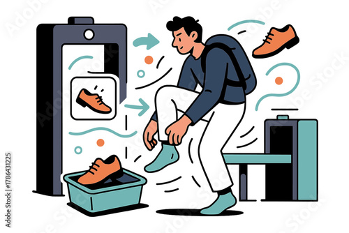 Airport Security Checkpoint. Taking off shoes at security. Traveler removing shoes at airport checkpoint;