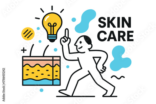 Glowing Skincare Illustration. The function of the skin, glowing lightbulb, abstract shapes around, Skin care words floating in air. Modern flat-line