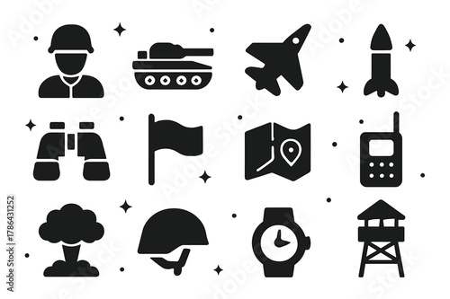Military Icons Collection. Military Forces. Solid icons set of Military Forces: soldier, tank, jet, missile, binoculars, flag, map, radio, armored vehicle,