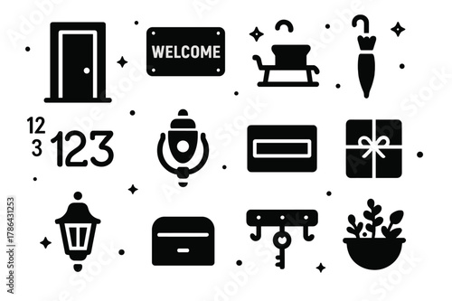 Entryway Icon Set. Entryway Porch. Solid icons set of Entryway Porch: front door, doormat, boot scraper, umbrella stand, house numbers, door knocker, mail