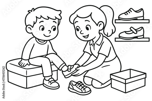 Shoe Fitting Fun. Shoe fitting children?s coloring book illustration, outlined drawing, child trying on shoes