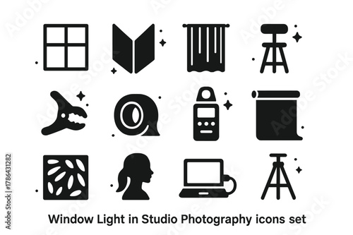Studio Photography Icons. Window Light in Studio Photography. Solid icons set of Window Light in Studio Photography: large window, V-flat reflector, diffusion