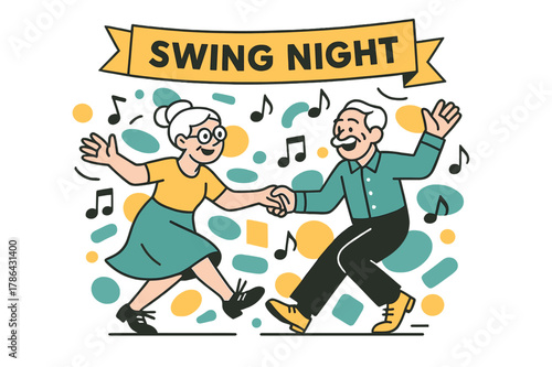 Swing Dance Celebration. Old age ? Community dance night. Quick footwork and big smiles; music notes scatter like confetti around swinging arms. A banner