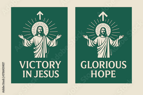 Emerald Victory Banners. Risen Lord. Two vertical A6 banners with safe margins, centered composition, no elements touching edges, modern, emerald and ivory,