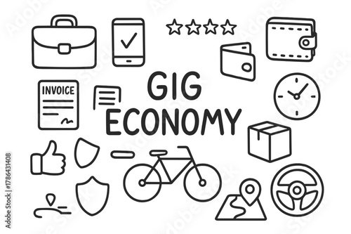 Gig Economy Doodles. Gig economy. Hand-drawn doodle illustration gig economy briefcase, mobile app, star rating, wallet, invoice, contract, delivery box,