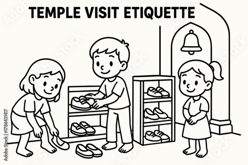 Temple Etiquette Coloring Page. Temple visit etiquette children?s coloring book illustration, outlined drawing, visitors removing shoes and placing them on a