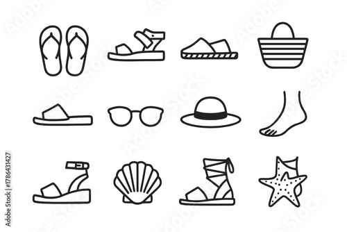 Summer Footwear Icons. Summer footwear. Line outline icon set of summer footwear: flip-flops, sandals,