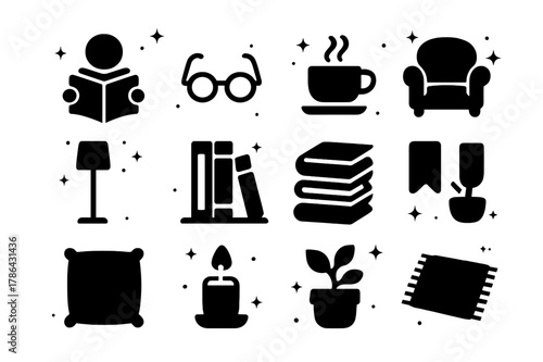 Reading Icons Collection. Person Reading. Solid icons set of Person Reading: open book, reading glasses, cup of tea, cozy armchair, floor lamp, bookshelf,