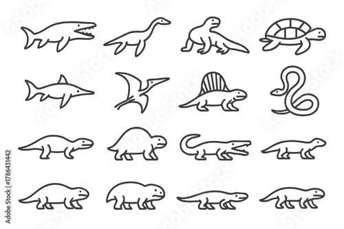 Extinct Reptiles Icons. Extinct reptiles. Line outline icon set of vanished reptile species: mosasaur,
