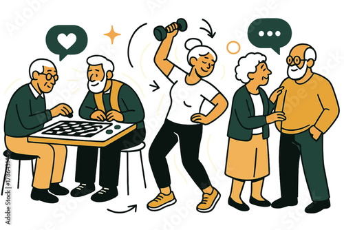 Elderly Social Vibrance. Senior engagement. Elderly individuals participating in board games, light exercise,