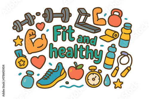 Fit and Healthy Doodles. Fit and healthy. Hand-drawn doodle illustration of Fit and healthy. Dumbbell,