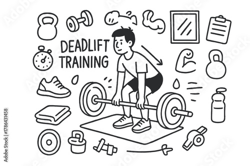 Deadlift Doodle Art. Deadlift Training. Hand-drawn doodle illustration of a person performing a deadlift with