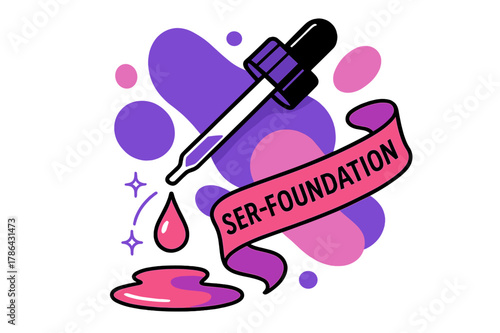 Elegant Dropper Illustration. Dropper Bottle Concept. A glass pipette releases a precise drop that blooms into a silky puddle; ?Serum-Foundation? floats like a