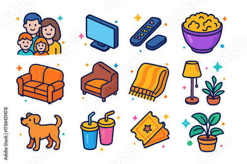 Cozy Family Night Icons. Evening together. Colorful isometric vector icons set of evening together: family, TV, sofa, popcorn bowl, remote control, blanket,