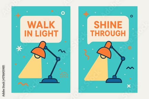 Vibrant Light Banners. Light of the World. Two vertical A6 banners with safe margins, centered composition, no elements touching edges, memphis, turquoise and