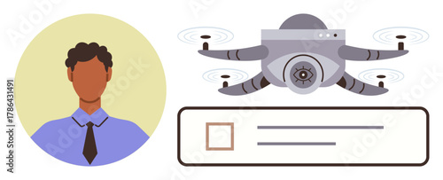 quadcopter with camera hovering near checklist, person icon beside. Ideal for security, surveillance, task management, user interaction, smart tech, innovation digital data. Simple flat metaphor
