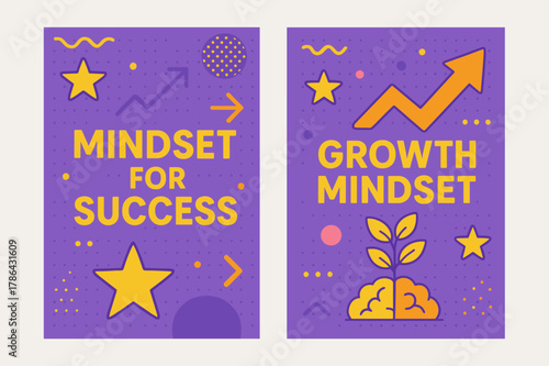 Success Mindset Banners. Mindset for success. Two vertical A6 banners with safe margins, centered composition, no elements touching edges, memphis, purple and