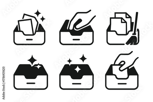 Decluttered Space Logo Grid. Cleaning Out a Drawer. Set Logo of Decluttered Space: Minimal outline, Negative space, Flat solid, Symmetrical form, Stylized