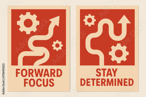 Forward Focus Banners. Forward focus. Two vertical A6 banners with safe margins, centered composition, no elements touching edges, flat vector design, red and