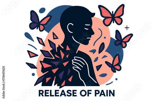 Transformative Release. Release of Pain. A person?s silhouette surrounded by dissolving shards that turn into