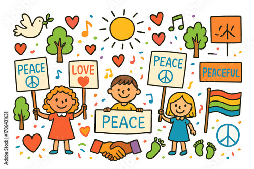 Colorful Peaceful Protest. Peaceful protest. Colorful Hand-drawn doodle Children illustration Peaceful protest signs, doves, banners, hearts, smiling faces,