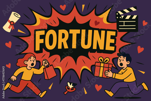 Comic Burst Chaos. Fortune comic burst, flat vector illustration, bold oversized text inside splash explosion, cartoon characters shouting and running while