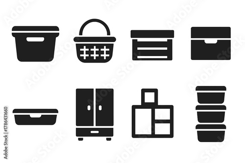 Storage Icons Set. Storage solutions. Filled icon set of storage solutions: plastic bin, wicker basket, wooden