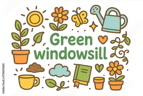 Green Windowsill Elements. Green windowsill. Hand-drawn doodle illustration of green windowsill. Plant, potted