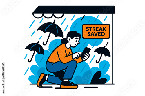 Rainy Gaming Shelter. Playing a mobile game on the go ? Rainy shelter. Umbrella silhouettes and droplet lines form a rhythm as the player taps under an awning.