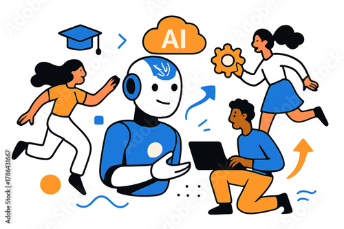 Futuristic AI Dynamics. Artificial intelligence. Intelligent machines, learning systems, futuristic solutions. Modern flat vector scene with expressive,
