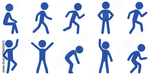 Stickman walking and standing poses, human body posture icons, motion and activity figure set