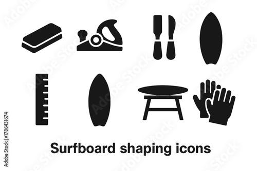Surfboard Shaping Icons. Surfboard shaping. Filled icon set of surfboard shaping: sanding block, shaping