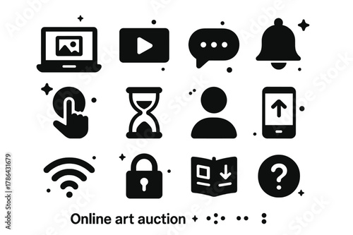 Online Art Auction Icons. Online art auction. Solid icons set of Online art auction: laptop with gallery, live stream play icon, chat bubble, bid button,