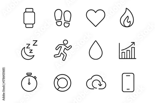 Fitness Tracker Icons. Fitness Tracker. Line icon set of Fitness Tracker: smartwatch, step counter, heart rate, calories burned, sleep icon, distance run,