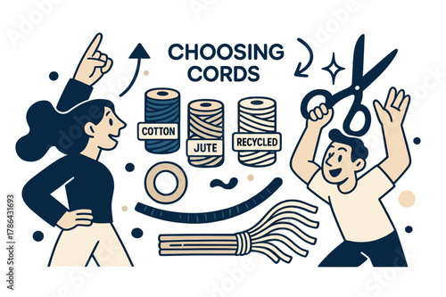 Creative Cord Selection. Choosing cord & tools. A ruler, wooden ring, and spools line up like a smile; tags read ?Cotton ? Jute ? Recycled?. Scissors sparkle