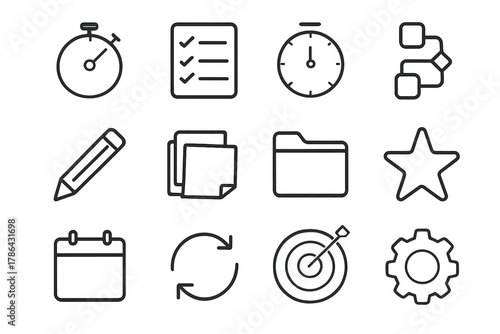 Black Productivity Icons. Productivity tools. Line outline icon set of productivity tools: stopwatch, task