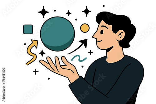 Futuristic Sphere Mastery. Sphere. Sphere levitating above hand with abstract floating icons, arrows, and sparkles; emphasizes control, focus, and futuristic