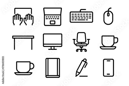 Productivity Icon Set. Productive typing. Line outline icon set of productive typing: hands typing, laptop,