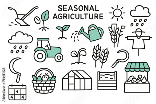 Seasonal Agriculture Icons. // Seasonal agriculture. Hand-drawn doodle illustration Seasonal agriculture [plow, seed (accented), sprout, watering can