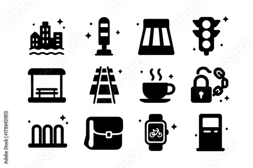 Coastal City Cycling Icons. Coastal city cycling commute. Solid icons set of Coastal city cycling commute: city skyline, bike lane bollard, crosswalk, traffic