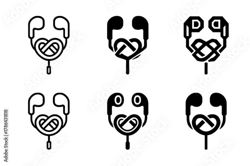 Headphone Cable Logos. Headphone cable knot. Set Logo of Headphone cable knot: earbud cord in pretzel knot. harmonious logo variations of the same emblematic