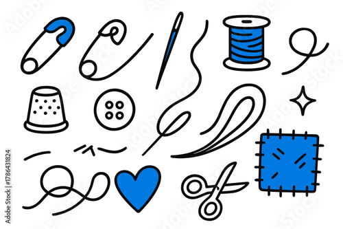 Sewing Tools Doodle. // Safety pins and needles. Hand-drawn doodle illustration Safety pins and needles [open pin (accented), closed pin (accented), sewing